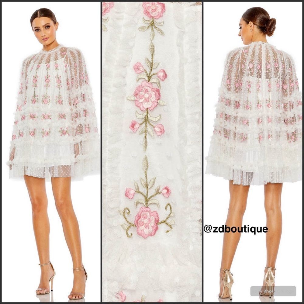 Mac Duggal 8031 Embroidered Flare Sleeve Embroidered Mini Dress